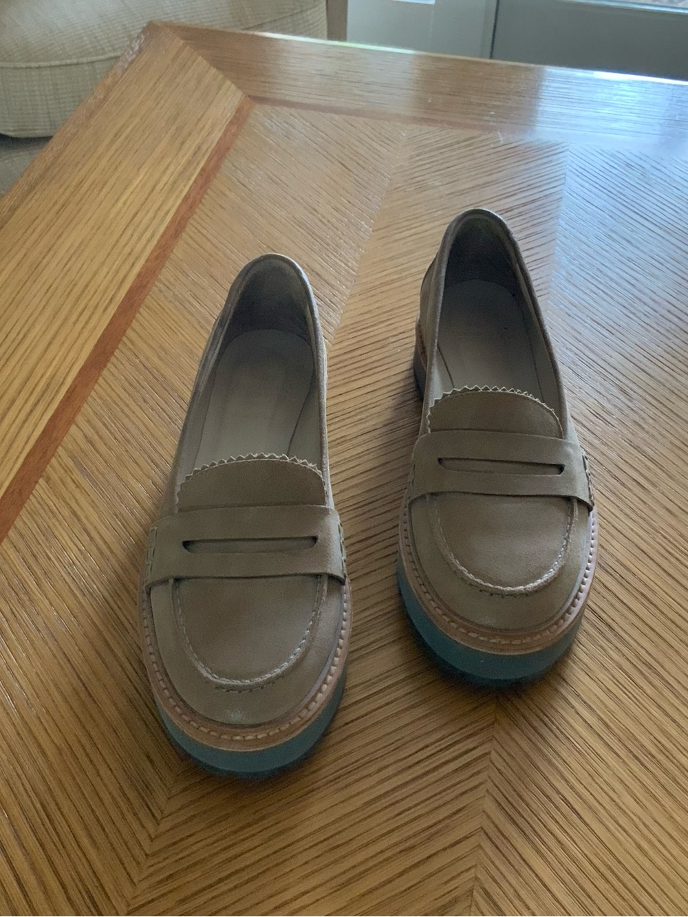 Brunello Cucinelli Taupe Leather Penny Loafers with Blue Sole